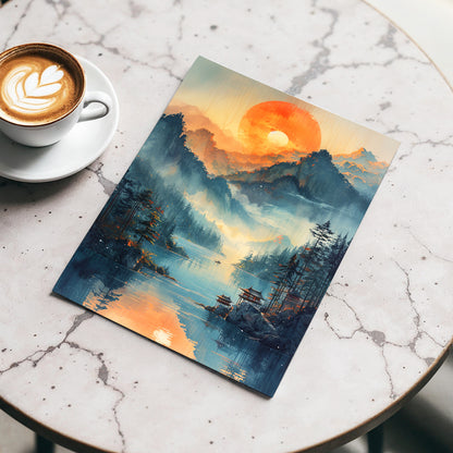 Sunfire Mountain Lake, blue, orange, beige nature wall art displayed in a styled interior, gallery view 3