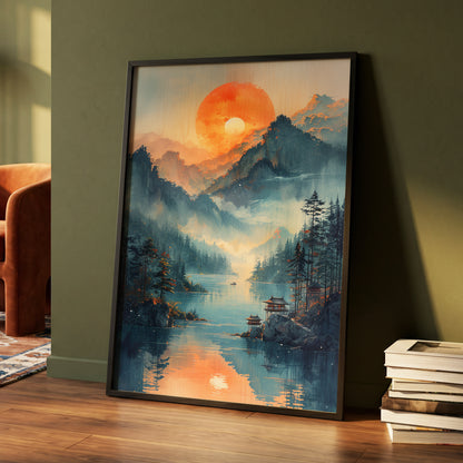 Sunfire Mountain Lake, blue, orange, beige nature wall art displayed in a styled interior, gallery view 4