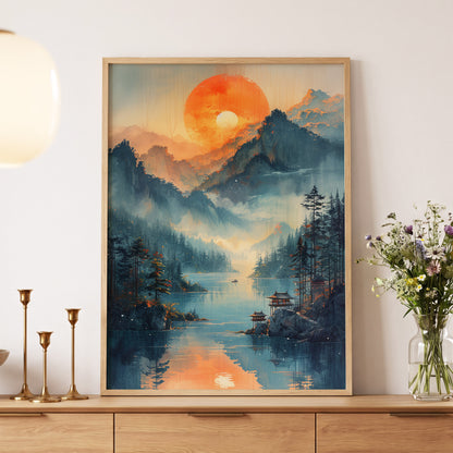 Sunfire Mountain Lake, blue, orange, beige nature wall art displayed in a styled interior, gallery view 5
