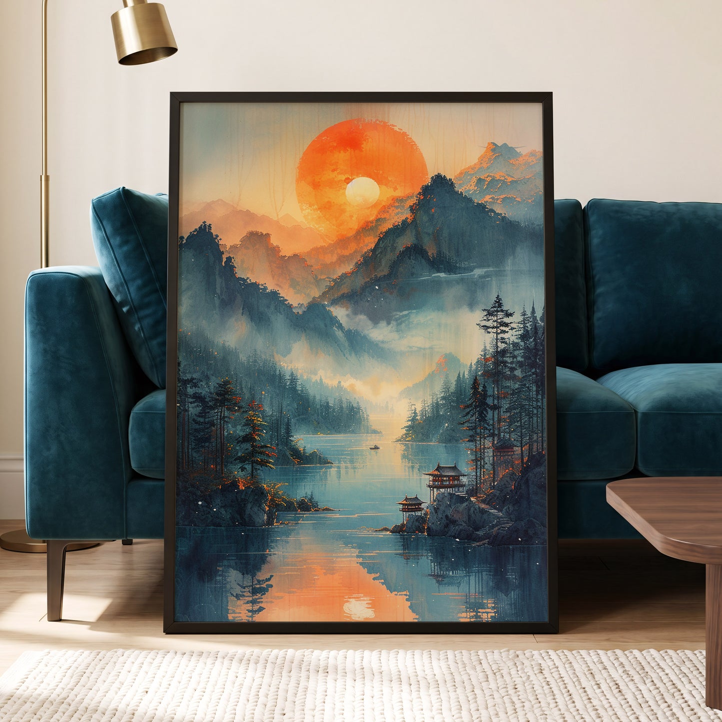Sunfire Mountain Lake, blue, orange, beige nature wall art displayed in a styled interior, gallery view 6