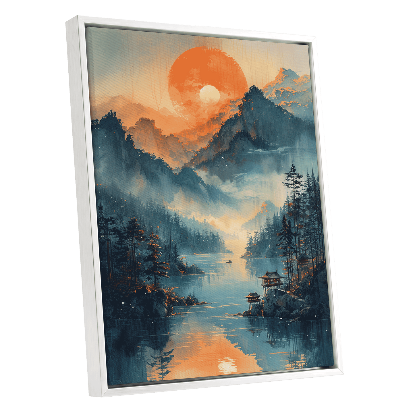 Sunfire Mountain Lake, blue, orange, beige nature wall art shown as a white framed canvas wall art