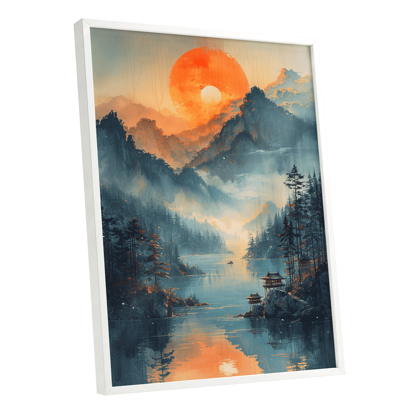 Sunfire Mountain Lake, blue, orange, beige nature wall art shown as a white framed poster wall art print