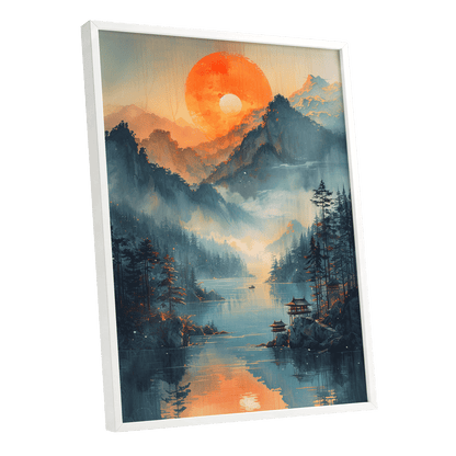 Sunfire Mountain Lake, blue, orange, beige nature wall art shown as a white framed poster wall art print