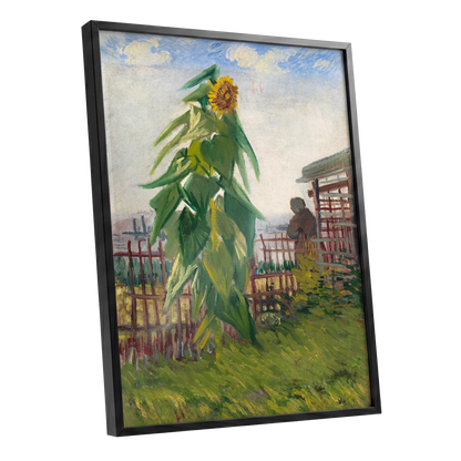 Sunflower Above the Fence, green, yellow, blue floral wall art shown as a black framed poster wall art print