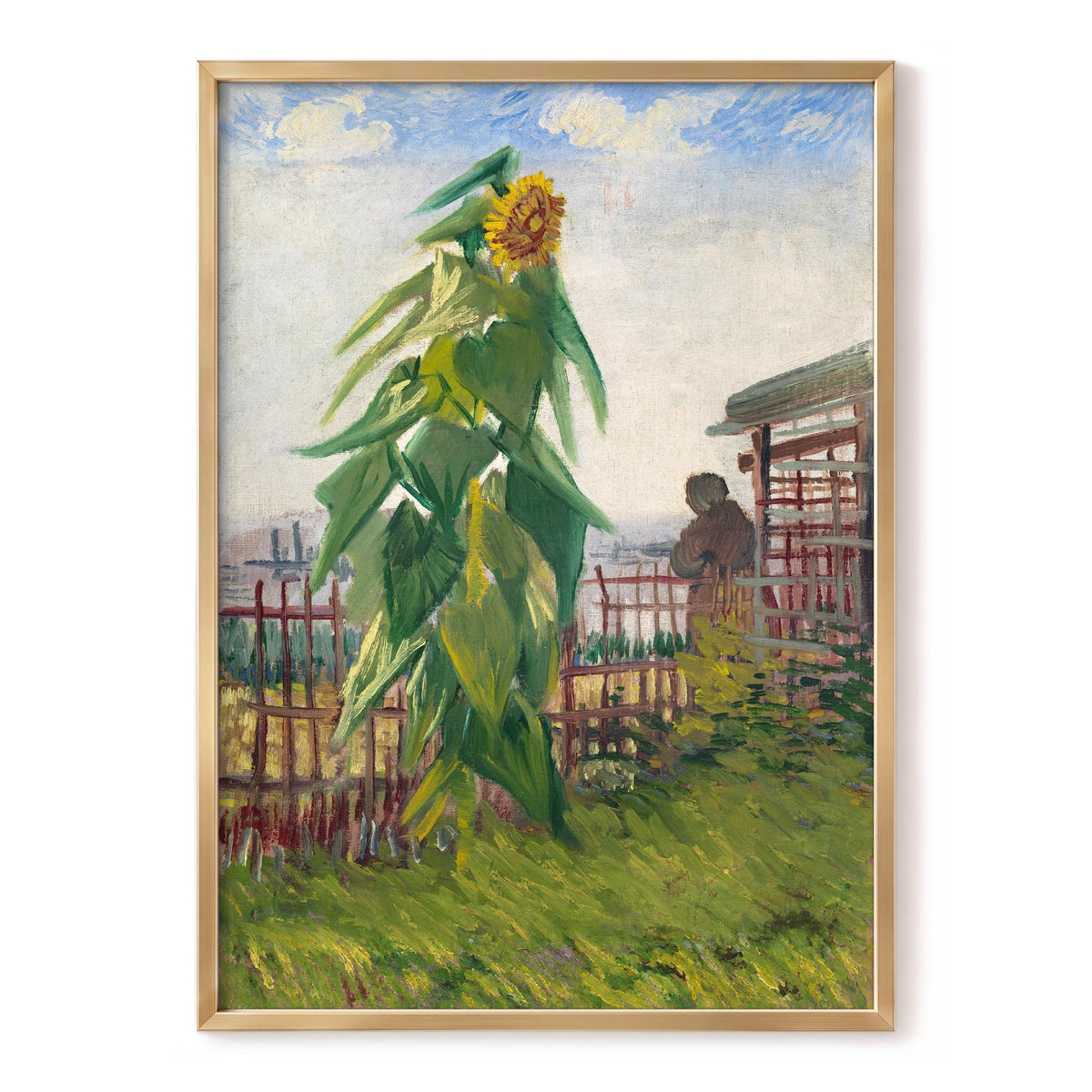Sunflower Above the Fence, green, yellow, blue floral wall art, front artwork view