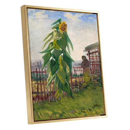Sunflower Above the Fence, green, yellow, blue floral wall art shown as a gold framed canvas wall art