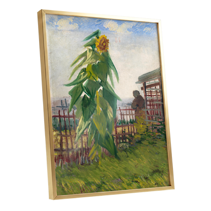 Sunflower Above the Fence, green, yellow, blue floral wall art shown as a gold framed poster wall art print