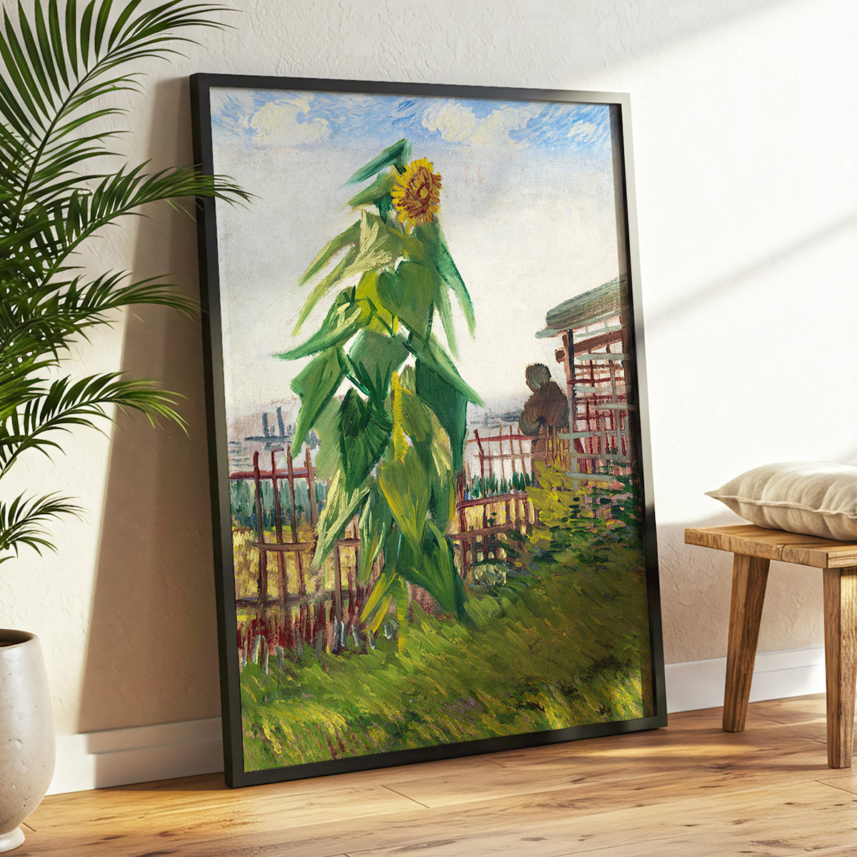 Sunflower Above the Fence, green, yellow, blue floral wall art displayed in a styled interior, gallery view 2