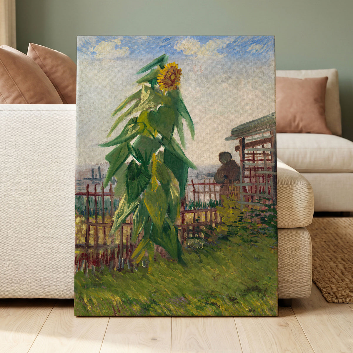 Sunflower Above the Fence, green, yellow, blue floral wall art displayed in a styled interior, gallery view 3