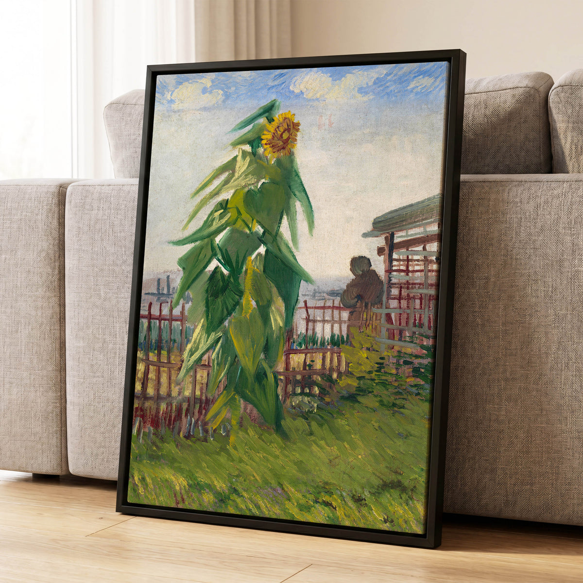Sunflower Above the Fence, green, yellow, blue floral wall art displayed in a styled interior, gallery view 4