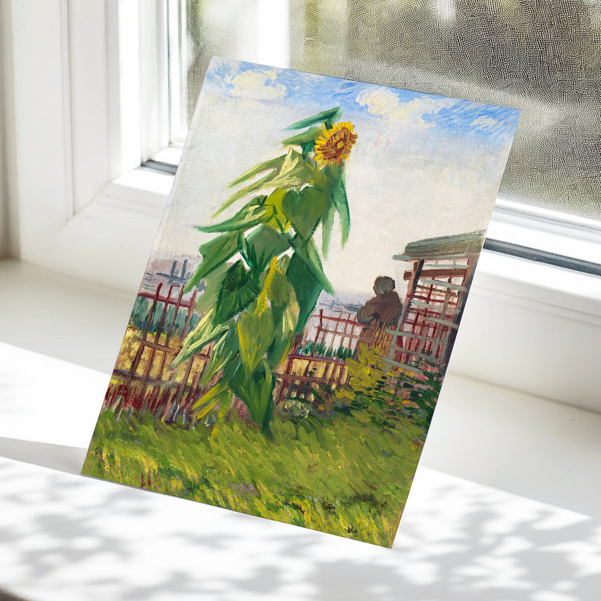 Sunflower Above the Fence, green, yellow, blue floral wall art displayed in a styled interior, gallery view 5