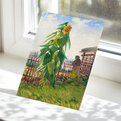 Sunflower Above the Fence, green, yellow, blue floral wall art displayed in a styled interior, gallery view 5
