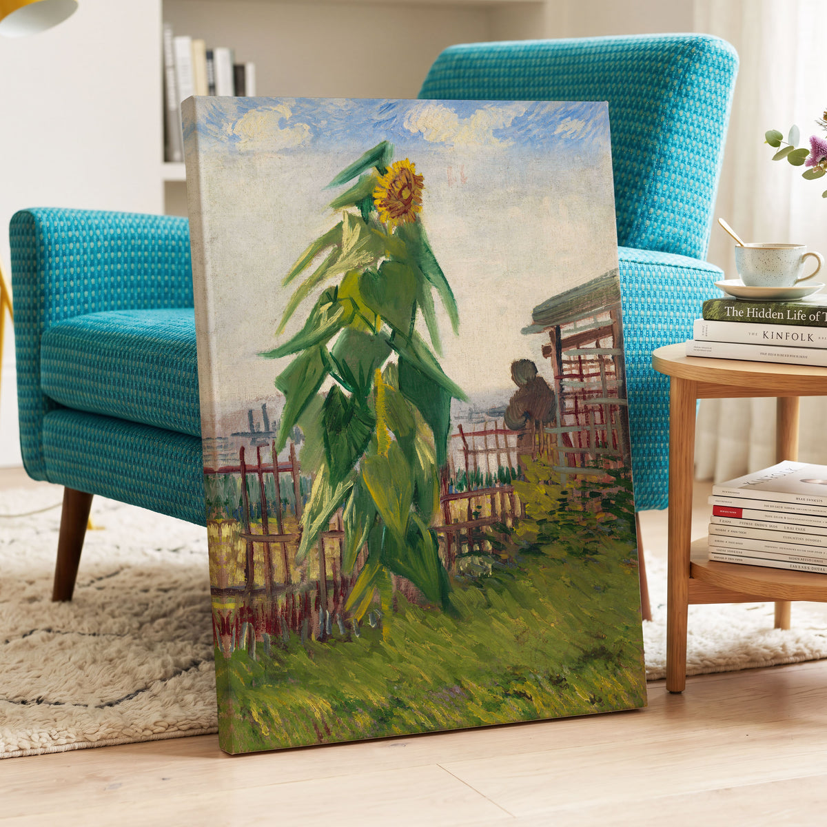 Sunflower Above the Fence, green, yellow, blue floral wall art displayed in a styled interior, gallery view 7