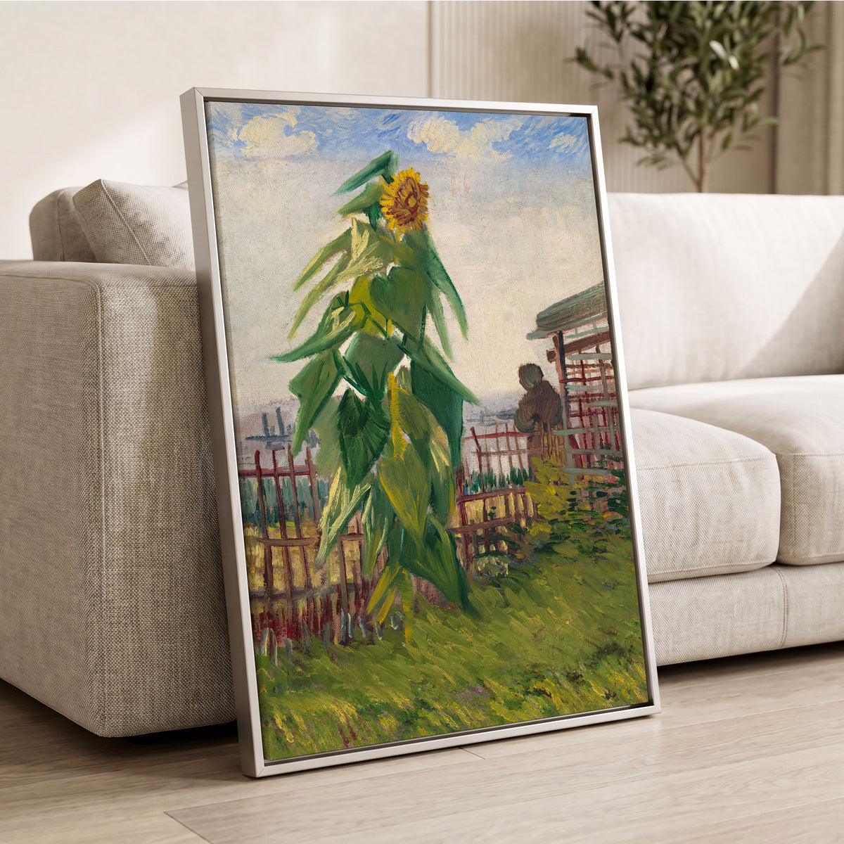 Sunflower Above the Fence, green, yellow, blue floral wall art displayed in a styled interior, gallery view 8
