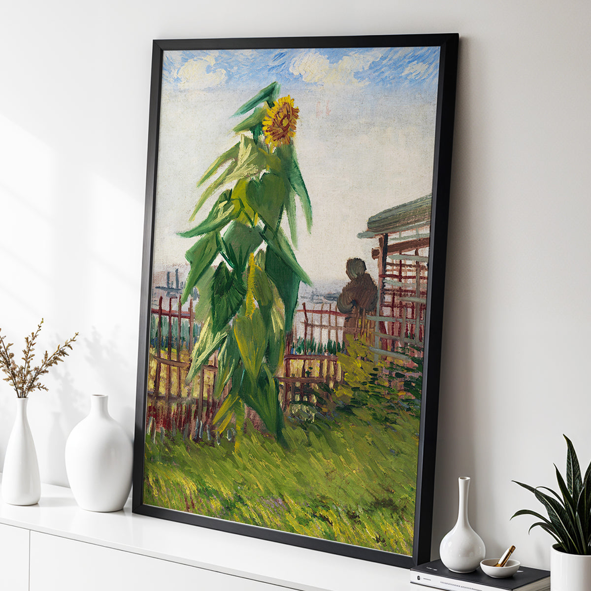 Sunflower Above the Fence, green, yellow, blue floral wall art displayed in a styled interior, gallery view 9