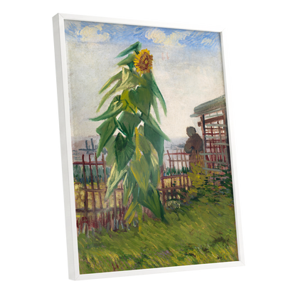 Sunflower Above the Fence, green, yellow, blue floral wall art shown as a white framed poster wall art print