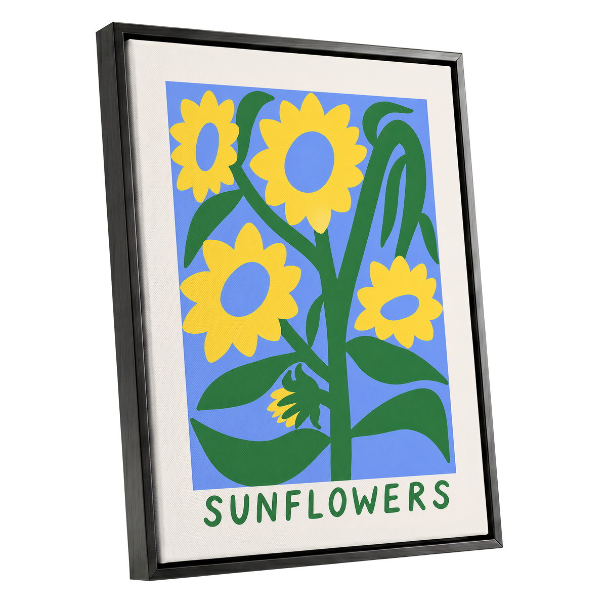 Sunflower Daydream, yellow, green, blue floral wall art shown as a black framed canvas wall art