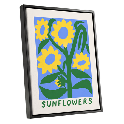 Sunflower Daydream, yellow, green, blue floral wall art shown as a black framed canvas wall art