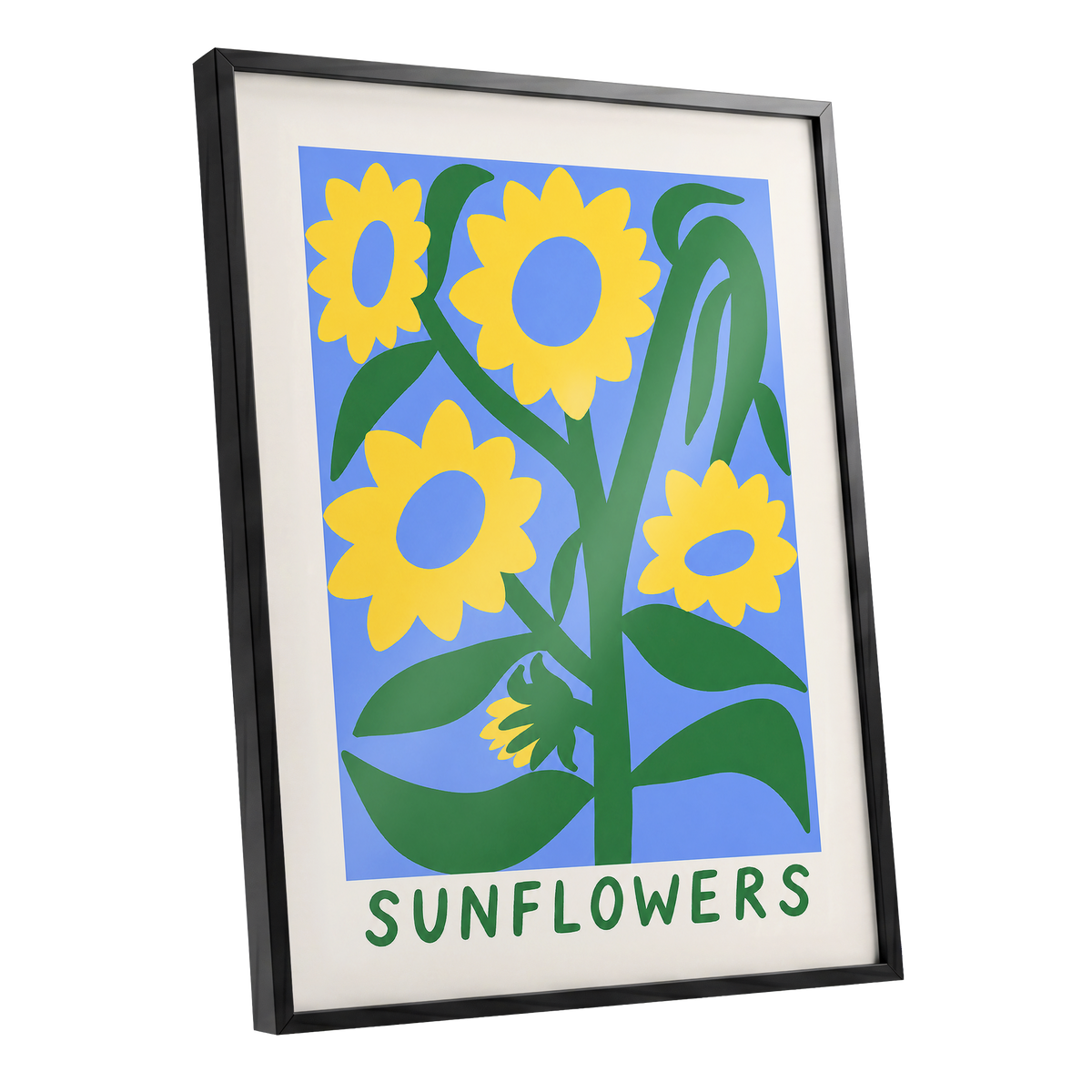 Sunflower Daydream, yellow, green, blue floral wall art shown as a black framed poster wall art print