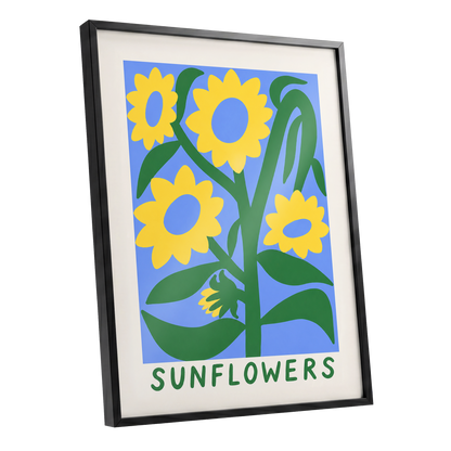 Sunflower Daydream, yellow, green, blue floral wall art shown as a black framed poster wall art print