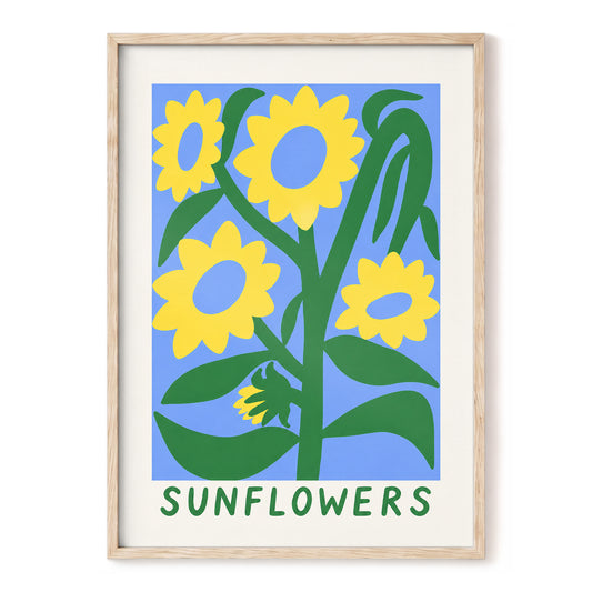Sunflower Daydream, yellow, green, blue floral wall art, front artwork view