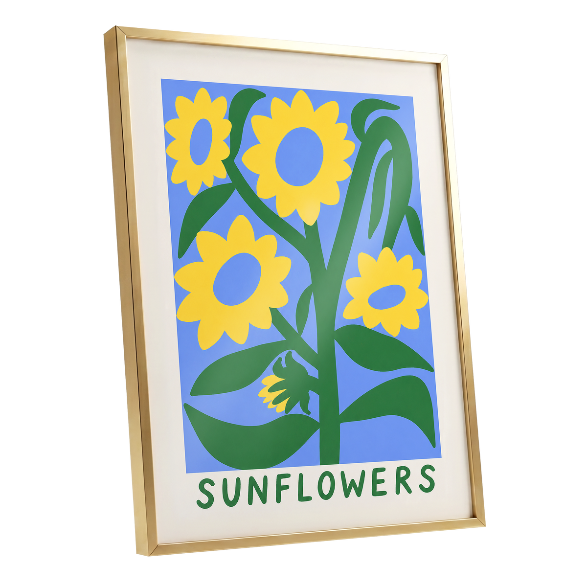 Sunflower Daydream, yellow, green, blue floral wall art shown as a gold framed poster wall art print