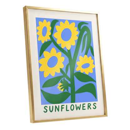 Sunflower Daydream, yellow, green, blue floral wall art shown as a gold framed poster wall art print