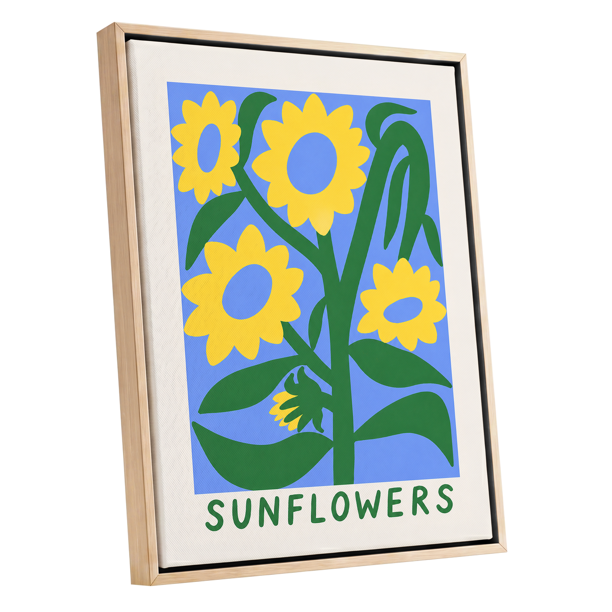 Sunflower Daydream, yellow, green, blue floral wall art shown as a oak framed canvas wall art