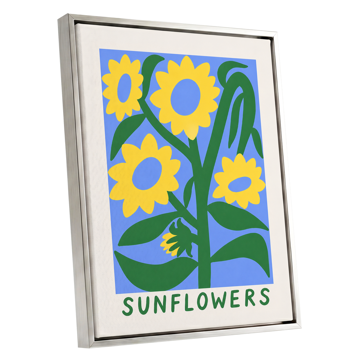 Sunflower Daydream, yellow, green, blue floral wall art shown as a silver framed canvas wall art