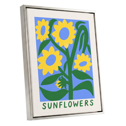 Sunflower Daydream, yellow, green, blue floral wall art shown as a silver framed canvas wall art