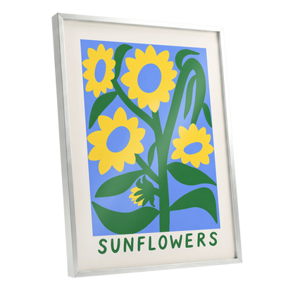 Sunflower Daydream, yellow, green, blue floral wall art shown as a silver framed poster wall art print