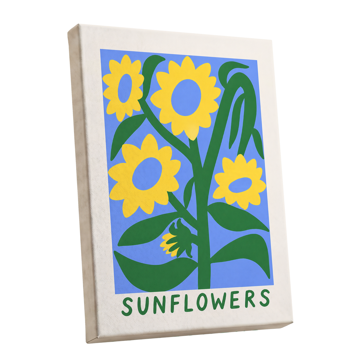 Sunflower Daydream, yellow, green, blue floral wall art shown as a stretched canvas wall art