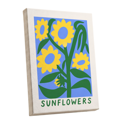 Sunflower Daydream, yellow, green, blue floral wall art shown as a stretched canvas wall art