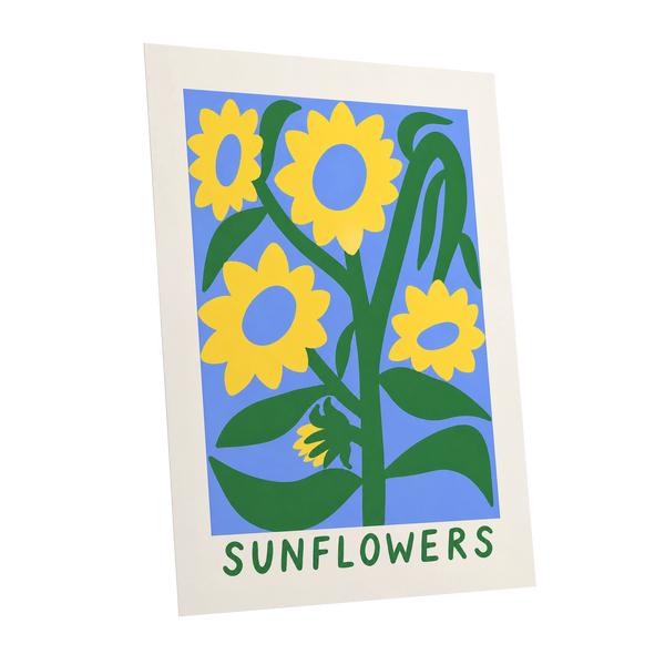 Sunflower Daydream, yellow, green, blue floral wall art shown as a unframed poster wall art print