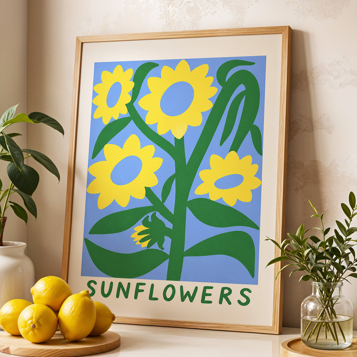 Sunflower Daydream, yellow, green, blue floral wall art displayed in a styled interior, gallery view 2