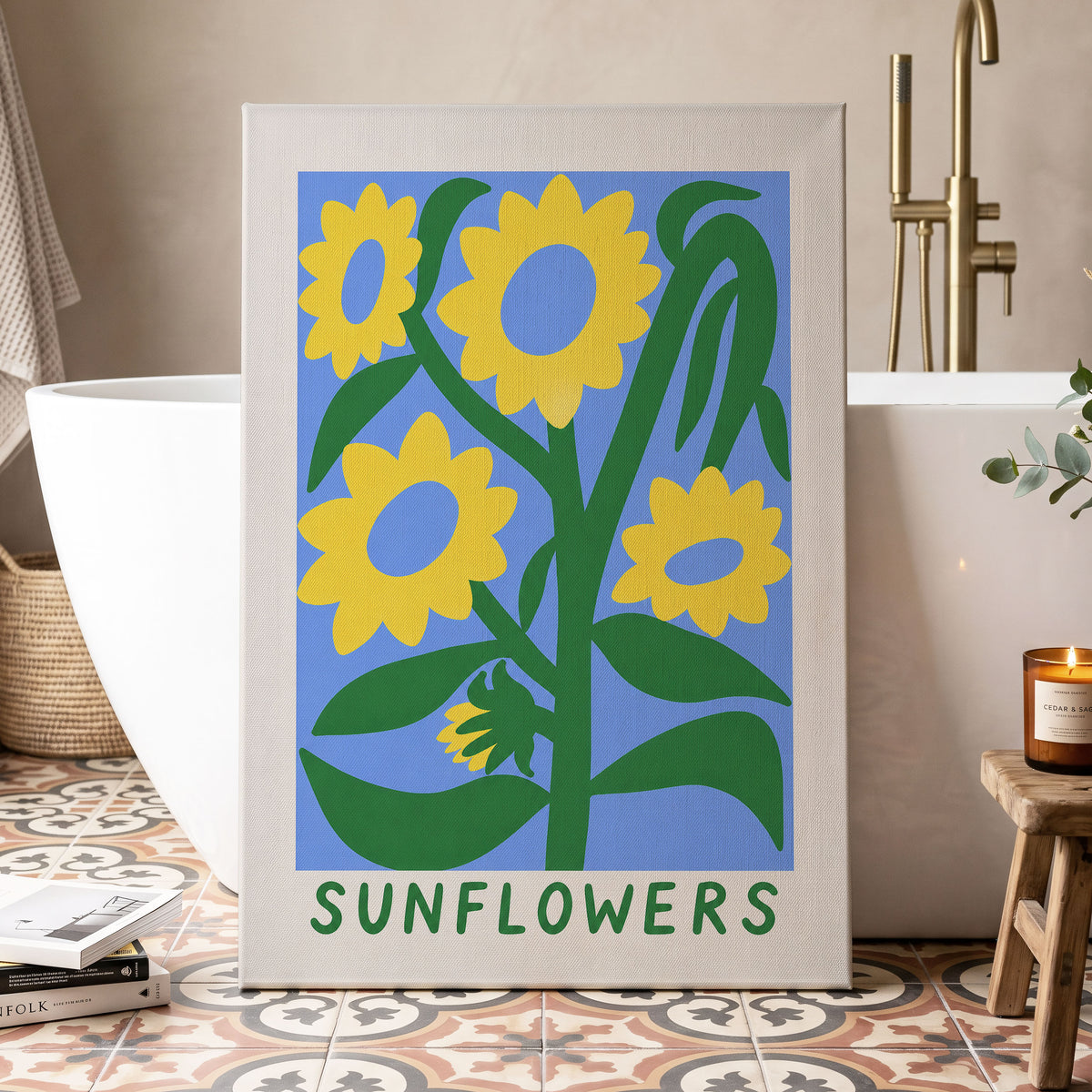 Sunflower Daydream, yellow, green, blue floral wall art displayed in a styled interior, gallery view 3