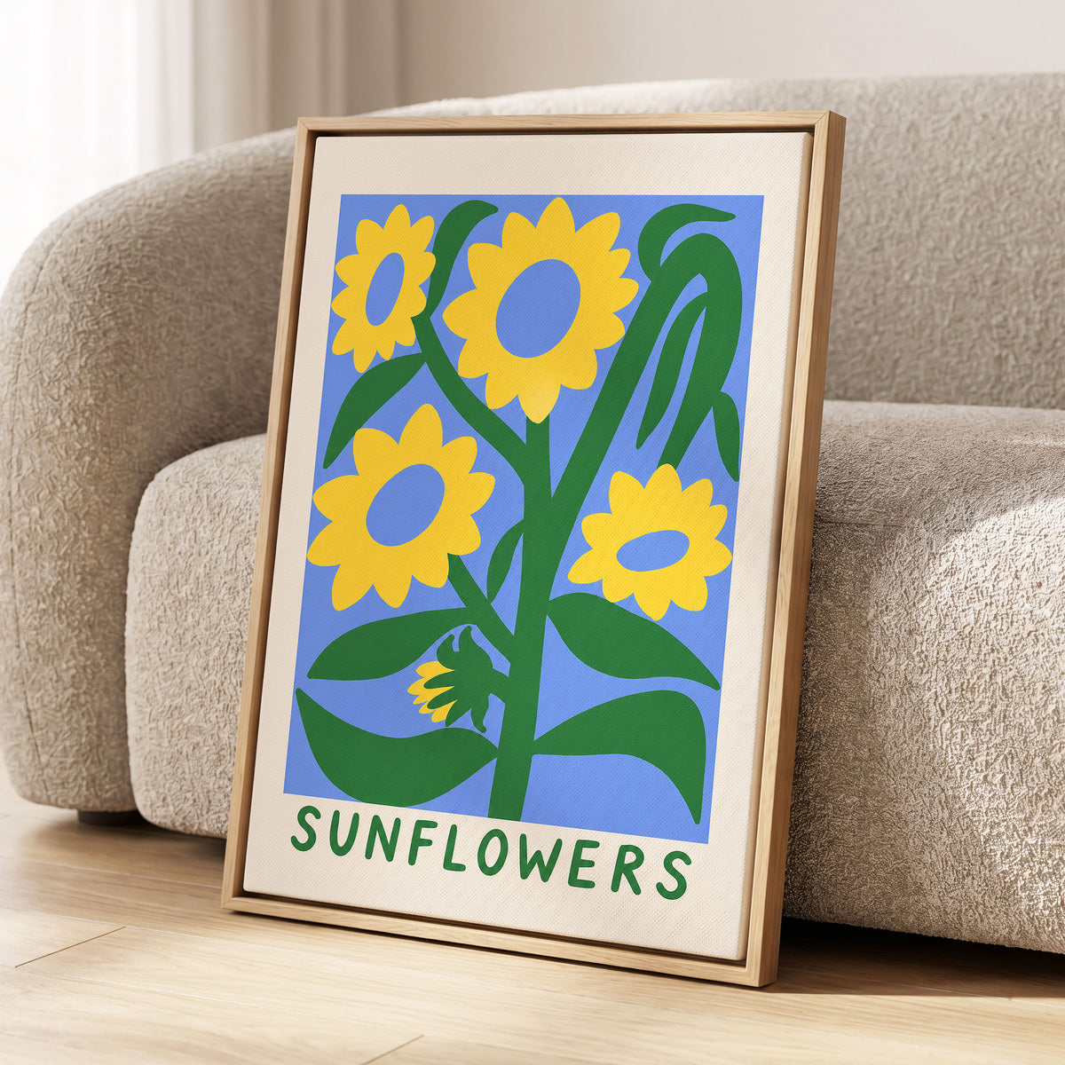 Sunflower Daydream, yellow, green, blue floral wall art displayed in a styled interior, gallery view 4