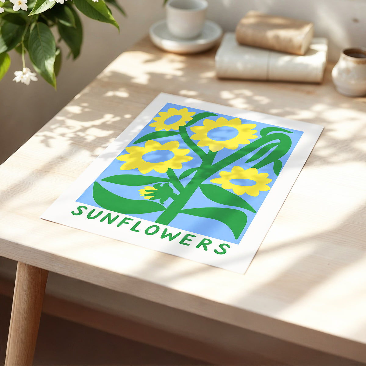 Sunflower Daydream, yellow, green, blue floral wall art displayed in a styled interior, gallery view 5