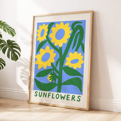 Sunflower Daydream, yellow, green, blue floral wall art displayed in a styled interior, gallery view 6