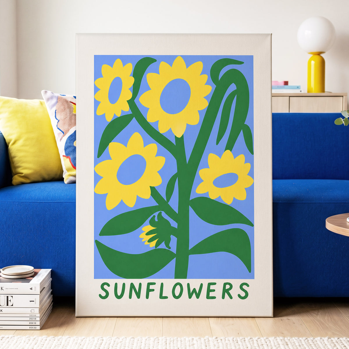 Sunflower Daydream, yellow, green, blue floral wall art displayed in a styled interior, gallery view 7