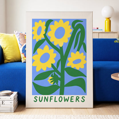 Sunflower Daydream, yellow, green, blue floral wall art displayed in a styled interior, gallery view 7