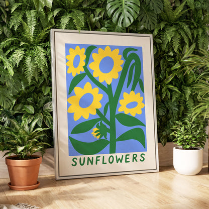 Sunflower Daydream, yellow, green, blue floral wall art displayed in a styled interior, gallery view 8