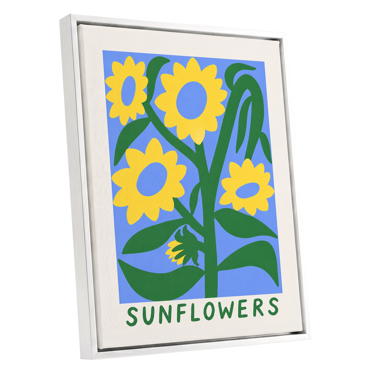 Sunflower Daydream, yellow, green, blue floral wall art shown as a white framed canvas wall art