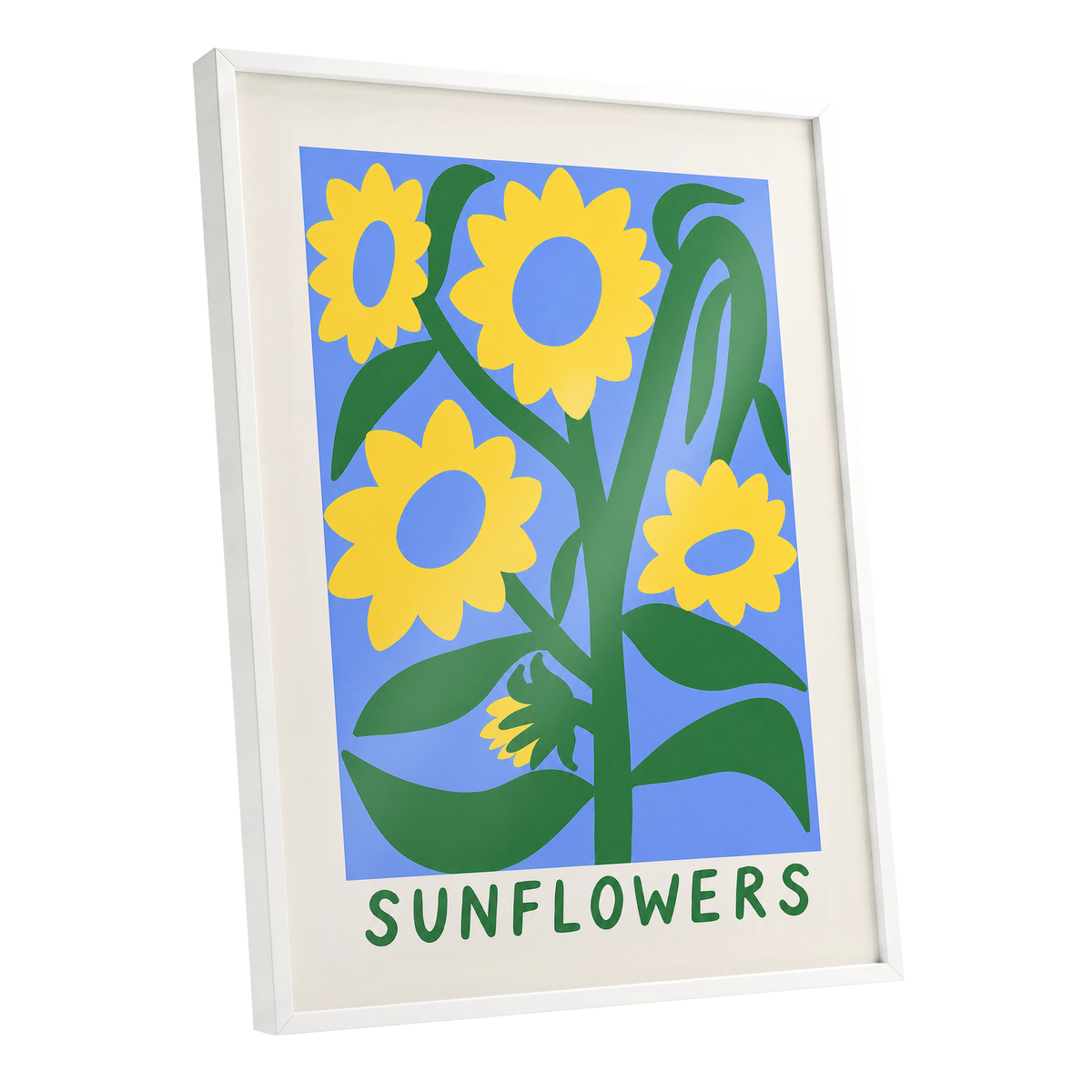 Sunflower Daydream, yellow, green, blue floral wall art shown as a white framed poster wall art print