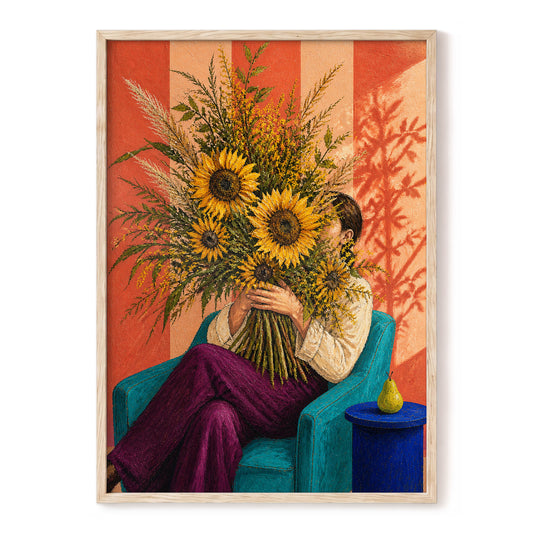 Sunflower Hideaway, yellow, green, orange floral wall art, front artwork view