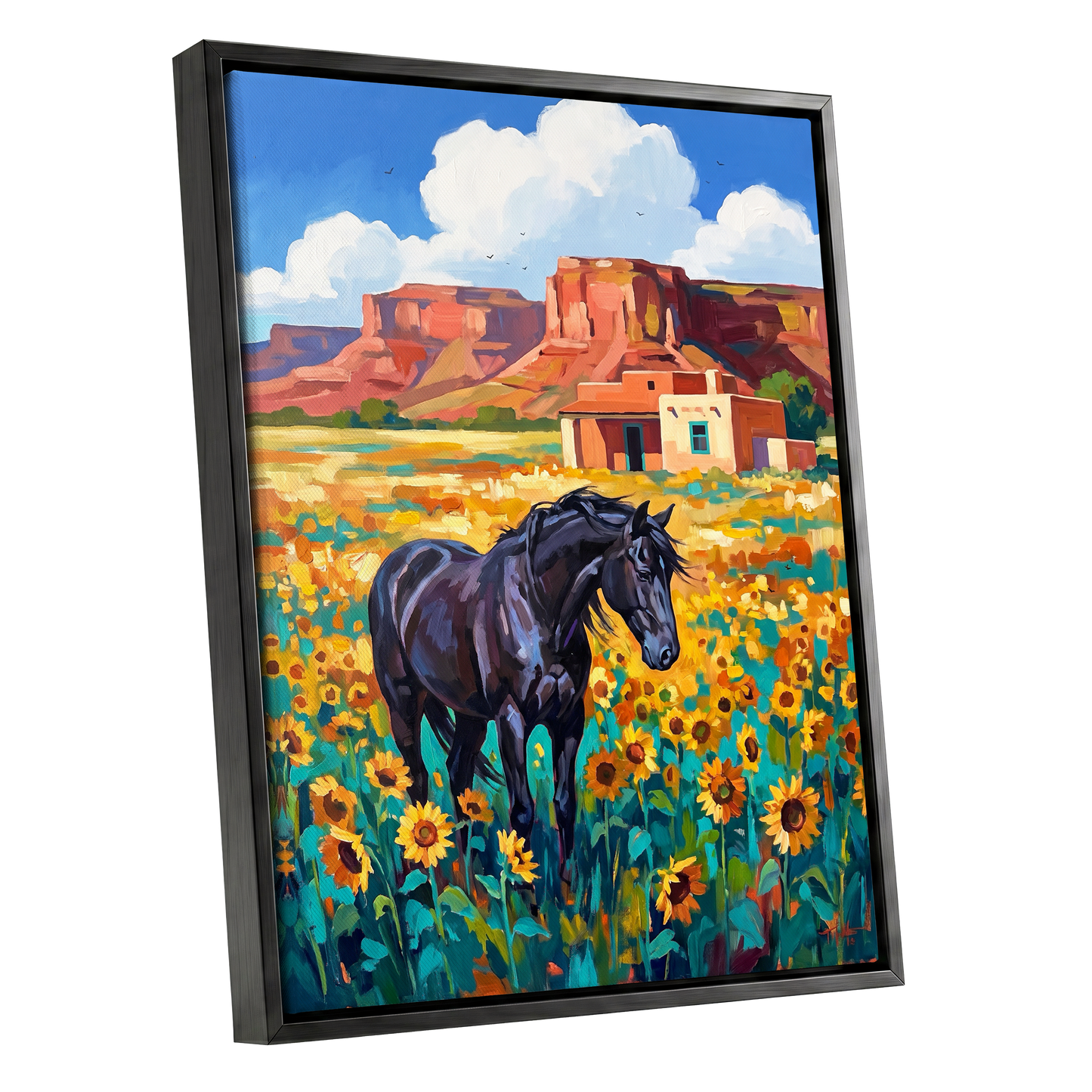 Sunflower Mesa, black, blue, green nature wall art shown as a black framed canvas wall art