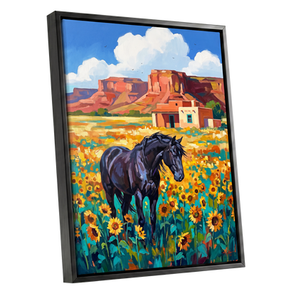 Sunflower Mesa, black, blue, green nature wall art shown as a black framed canvas wall art