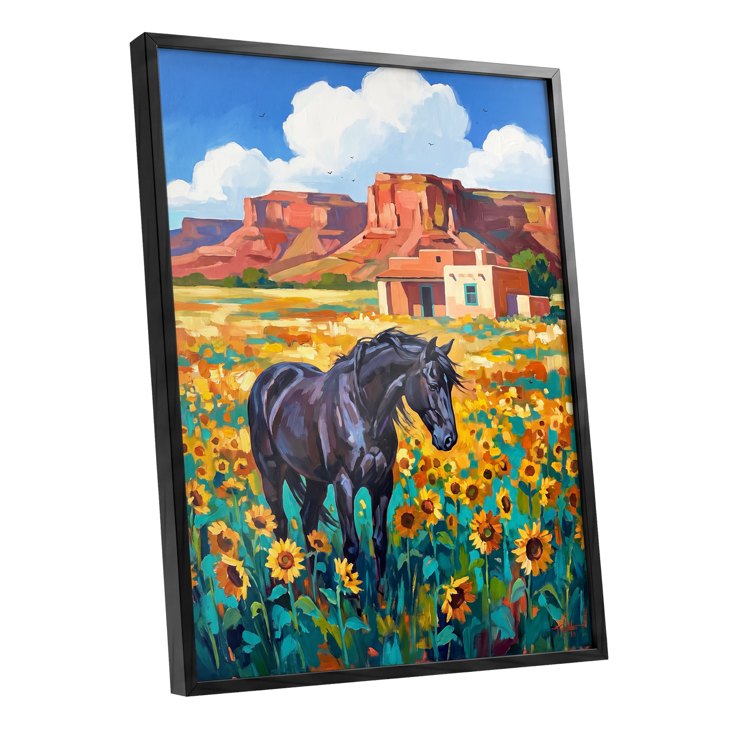 Sunflower Mesa, black, blue, green nature wall art shown as a black framed poster wall art print