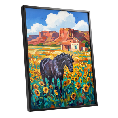 Sunflower Mesa, black, blue, green nature wall art shown as a black framed poster wall art print