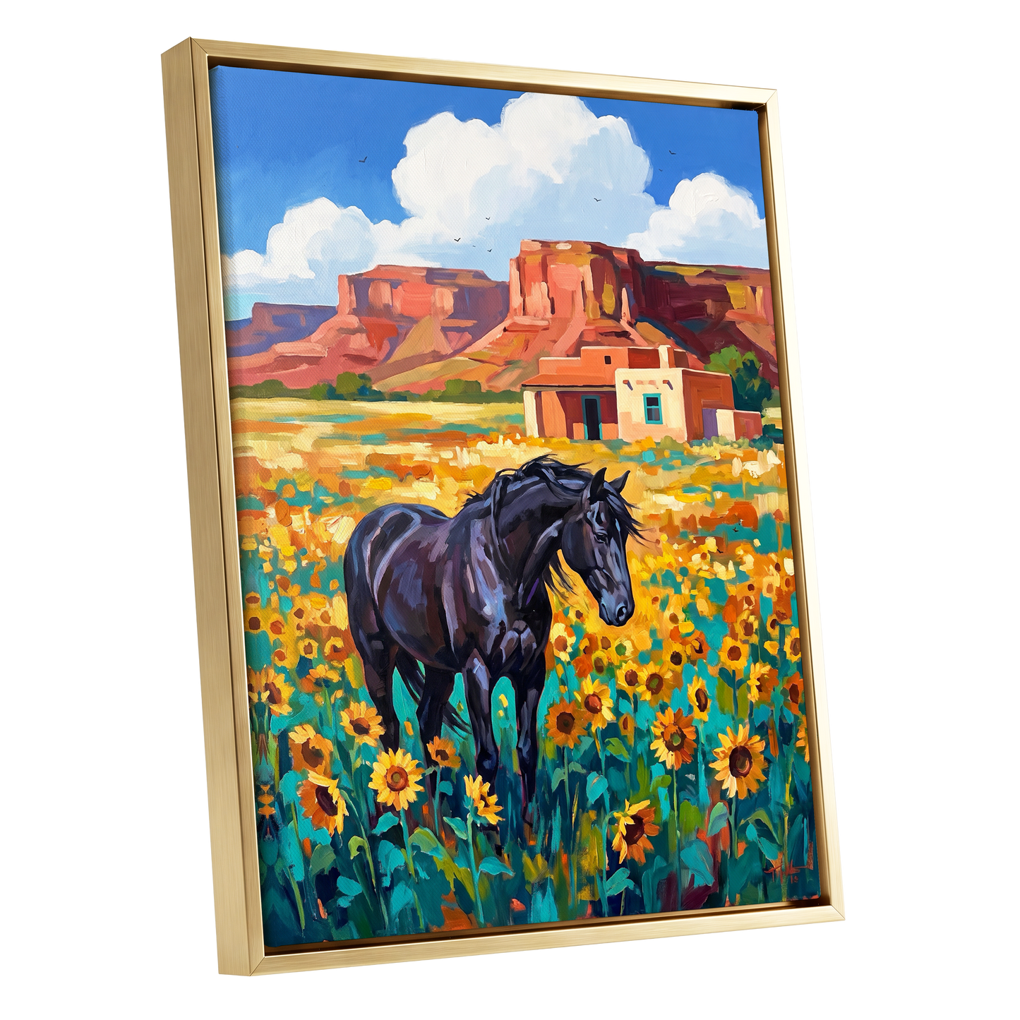 Sunflower Mesa, black, blue, green nature wall art shown as a gold framed canvas wall art